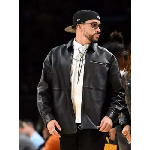 Bad Bunny Lakers Game Black Leather Jacket